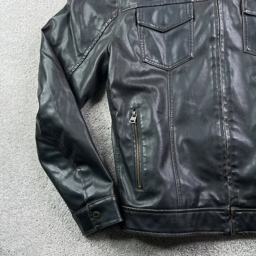 Levis Jacket Mens Large Brown Faux Leather Hooded Moto Biker‎ Quilted Lined Coat